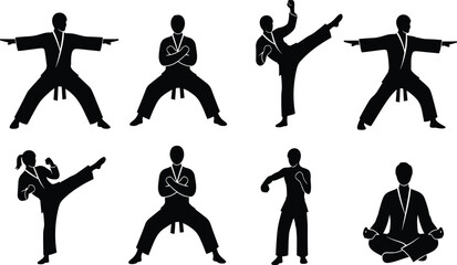 Martial arts silhouette collection, karate taekwondo fighters performing kicks punches and meditation poses isolated on white background vector illustration © Its Saidul 