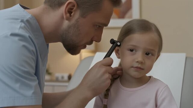 doctor examining a young girl's ear.
