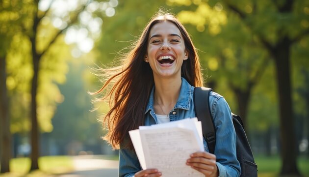 Young woman with backpack laughs holding papers outdoors. Successful student celebrates good grades on campus. Feels happy about exam results achievement.