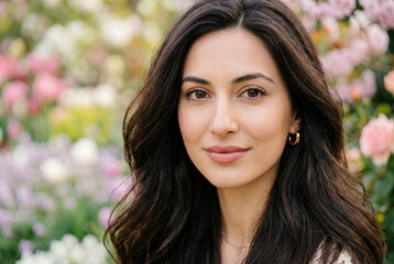 Fototapeta premium Elegant young woman with flowing dark hair posing in a colorful spring flower garden