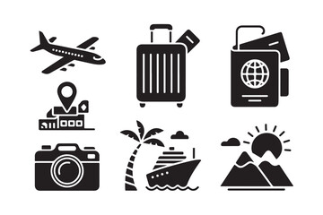 Travel and tourism vector black icons set with airplane flight, luggage suitcase, passport with tickets, location map, photography camera, cruise ship with palm tree, mountains with sun and clouds