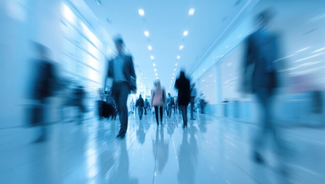 Blurred Motion of Business People Walking in a Modern Office Building or Airport Terminal.