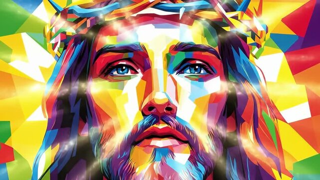 Vibrant geometric portrait of long-haired man with beard in multicolor blocks. Easter, Pascha, Paskha, Ostern, Pascua, Paques - Orthodox and Catholic Holiday celebration