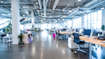Obraz premium Blurred modern office interior with desks and chairs, bright and spacious workspace.
