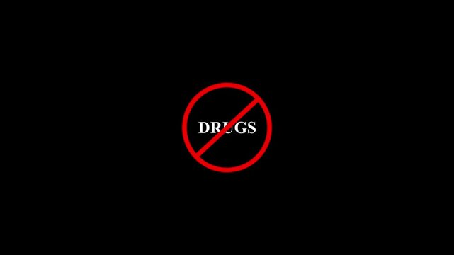 No Drugs Sign with Red Prohibition Circle and Diagonal Line Over Drugs Text on black Background.