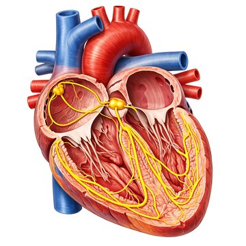 Anatomical Illustration of the Human Heart Conduction System showing SA Node, AV Node, and Purkinje Fibers in a Cross-Section View