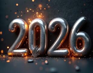 Obraz premium Silver 3D numbers 2026 with sparks and glitter on dark background. Celebrate new year, holidays, and future events. Winter festive season greeting.