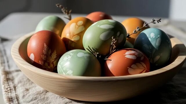 Decorated easter eggs arranged in wooden bowl on rustic linen table bathed in soft natural sunlight, seasonal spring holiday centerpiece