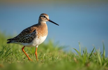 Common redshank wader bird walks on grassy shore near calm blue water. Small wild creature with orange legs probes ground for food during spring migration stopover.