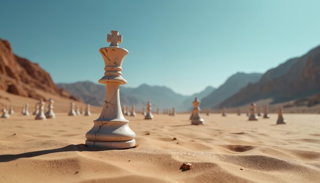 White marble king chess piece stands alone in arid desert cracked earth. Other chess pieces form battle lines in sand dunes with distant mountains under clear blue sky. Lone king waits for next move.