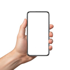Hand holding a blank smartphone screen in mid-air