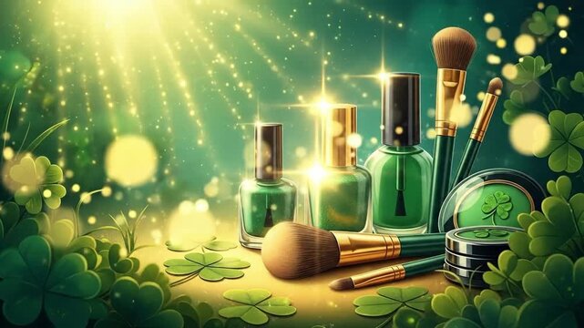 Green nail polish bottles and makeup brushes display among shamrock plants. St. Patricks Day beauty product styling concept.