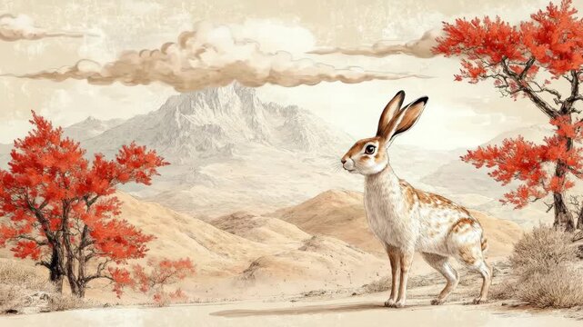 Majestic hare in serene landscape with red trees and mountains. Easter, Pascha, Paskha, Ostern, Pascua, Paques - Orthodox and Catholic Holiday celebration