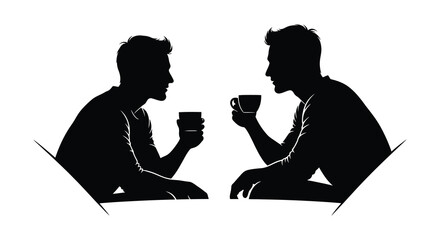 Two men engage in conversation over coffee depicted in a striking black and white silhouette high quality professional detailed modern elegant © rabbivay