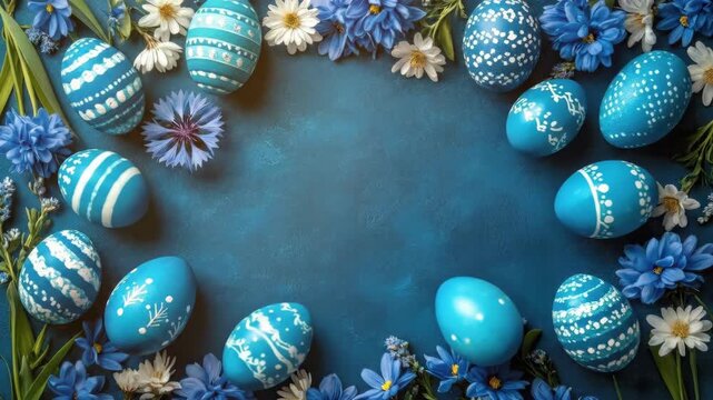 Blue easter eggs and flowers on vibrant background. Easter, Pascha, Paskha, Ostern, Pascua, Paques - Orthodox and Catholic Holiday celebration