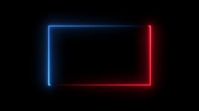 A dynamic composition featuring a rectangular frame formed by two distinct neon light colors a vibrant electric blue on the bottom and right sides and a bright red on the and left sides set against