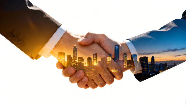Business handshake with cityscape through hands isolated on transparent background