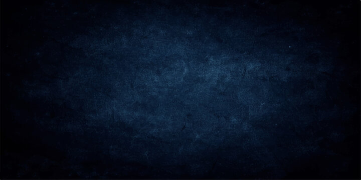 A dark blue grunge wall texture with a vintage black paper pattern creates a blank weathered backdrop for an old empty chalkboard design