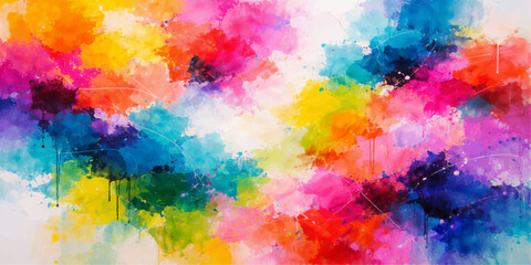 Obraz premium Vibrant abstract watercolor background featuring a colorful paint splash pattern with artistic brush strokes and grunge ink textures on paper illustration
