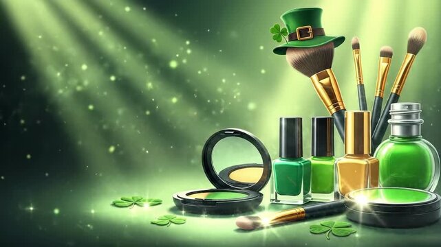 Makeup brushes and beauty products in shades of green and gold with a shamrock hat. St. Patricks Day cosmetic theme on green background with copy space.