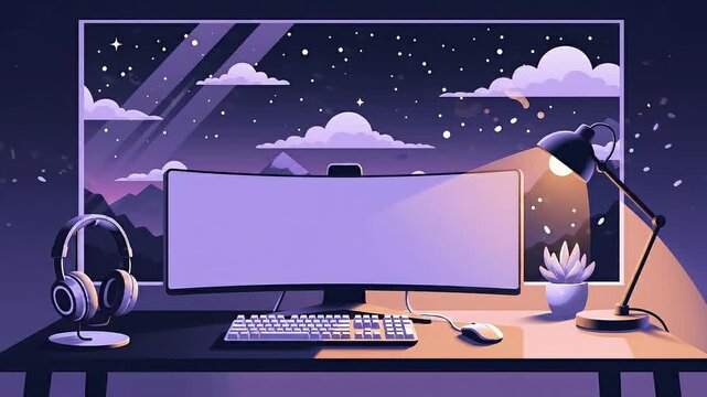Animated Virtual Background, Calm workspace with desk, monitor, keyboard, headphones, lamp, plant under starry purple night sky, angled view