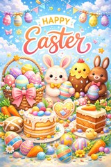 Obraz premium Happy Easter cute bunny chick and bear with colorful eggs festive spring illustration