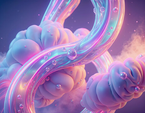 Abstract Iridescent 3D Render of Soft Knotted Pink Cords and Swirling Blue Liquid Metal with Floating Bubbles on Purple Background