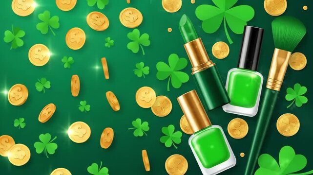 Green lipstick, nail polish, and makeup brush with shamrocks and gold coins. St. Patricks Day beauty flat lay on dark green for festive celebration.