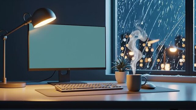 Animated Virtual Background Featuring a Modern Desk Workspace with Monitor, Lamp, Keyboard, Mouse, Plant, Night Glow and Calm Atmosphere