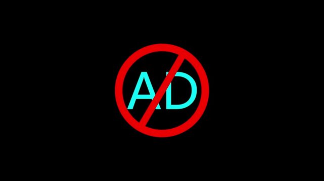 Red prohibition sign with cyan letters AD inside against a black background symbolizing no advertising or ad blocker concept