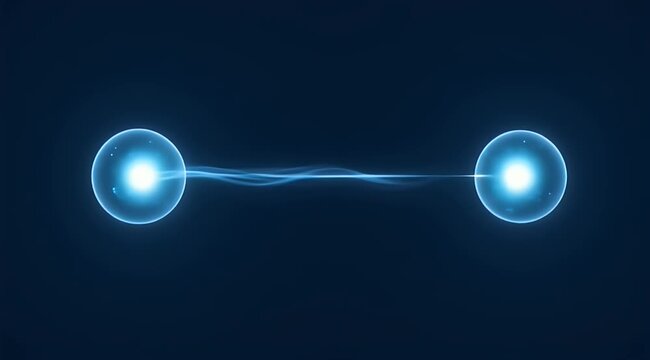 Two glowing orbs connected by a luminous energy stream against a dark background