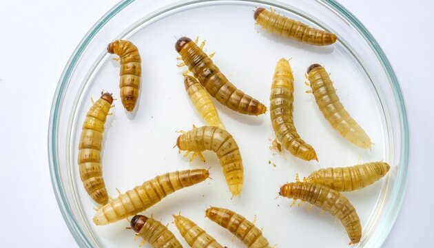 Cultivated insect larvae rich in essential fatty acids displayed in a petri dish for nutritional research