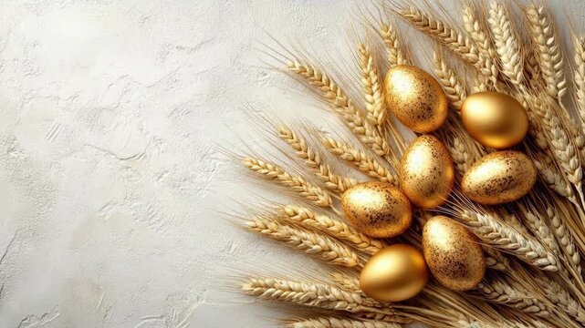 Golden easter eggs and wheat stalks on rustic background. Easter, Pascha, Paskha, Ostern, Pascua, Paques - Orthodox and Catholic Holiday celebration