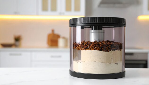 Compact bioreactor producing edible protein powder from insect larvae in a kitchen setting for sustainable nutrition