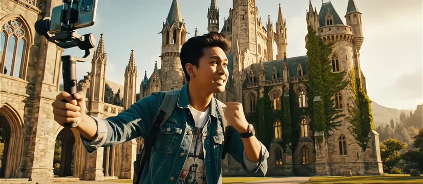 Excited Asian male tourist vlogging with smartphone gimbal in front of majestic Gothic castle architecture