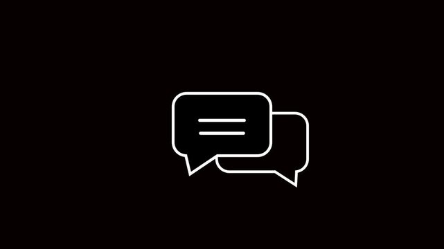 Two overlapping white speech bubble with horizontal lines inside on a black background representing communication or messaging