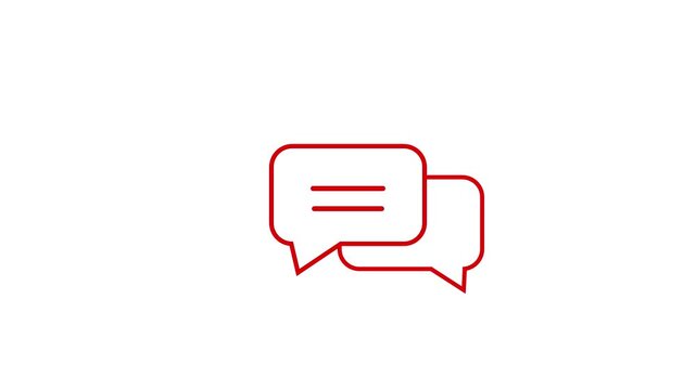 Two overlapping red outline speech bubbles with horizontal lines inside the left bubble against a clean white background representing communication and conversation