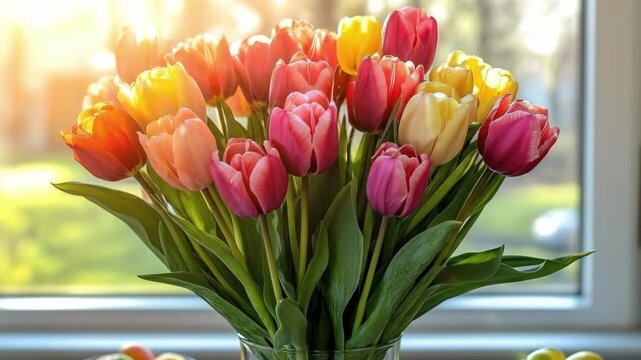 Vibrant spring tulips in vase by sunny window. Easter, Pascha, Paskha, Ostern, Pascua, Paques - Orthodox and Catholic Holiday celebration