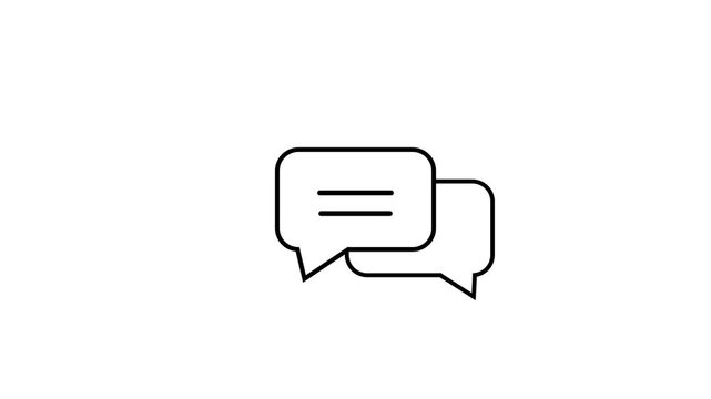 Two overlapping black outline speech bubbles with horizontal lines inside the left bubble against a clean white background symbolizing digital communication and chat
