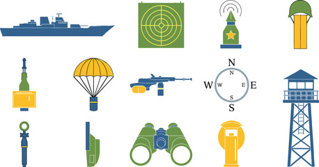 Obraz premium Military and defense icons for strategic planning and operations