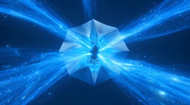 Geometric crystal refracts blue energy streams against dark background