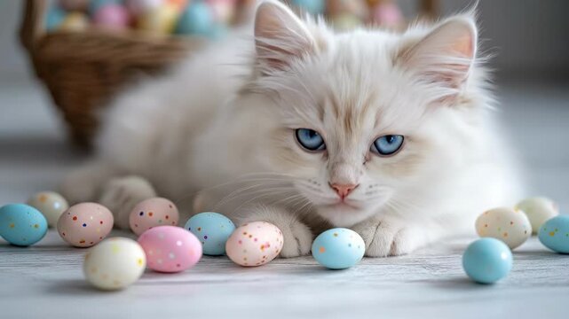 Fluffy white cat with blue eyes resting among colorful easter eggs in a basket. Easter, Pascha, Paskha, Ostern, Pascua, Paques - Orthodox and Catholic Holiday celebration