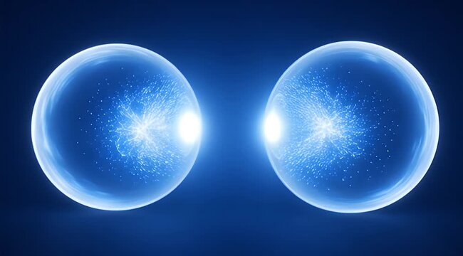 Two luminous blue spheres containing swirling light patterns on a dark background