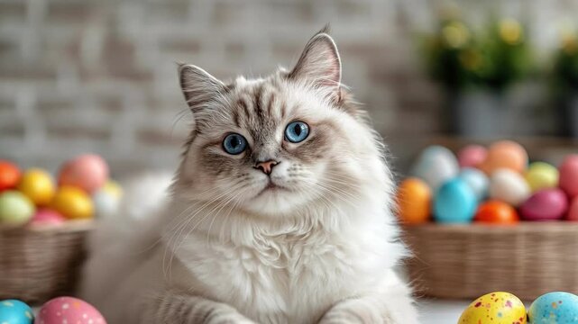Blue-eyed ragdoll cat with colorful easter eggs in cozy home setting. Easter, Pascha, Paskha, Ostern, Pascua, Paques - Orthodox and Catholic Holiday celebration