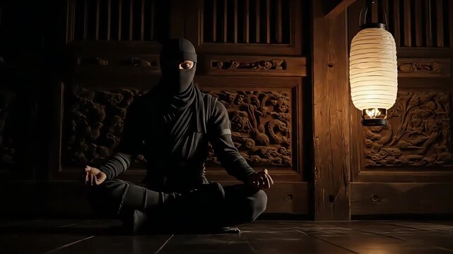 Ninja meditates calmly inside traditional Japanese temple at night