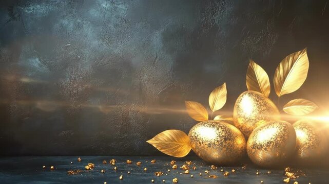 Golden easter eggs with metallic leaves on textured dark background. Easter, Pascha, Paskha, Ostern, Pascua, Paques - Orthodox and Catholic Holiday celebration