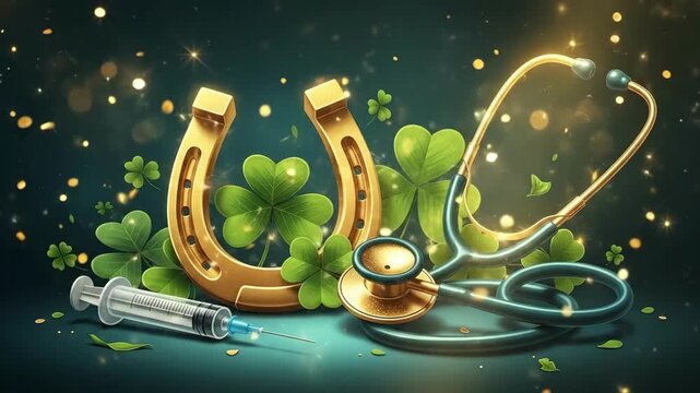 Golden horseshoe, stethoscope, and syringe with shamrock leaves. Concept of good luck and health. St. Patricks Day celebration.