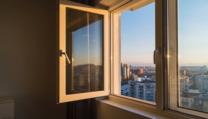 Open window in apartment room with golden hour light and city view