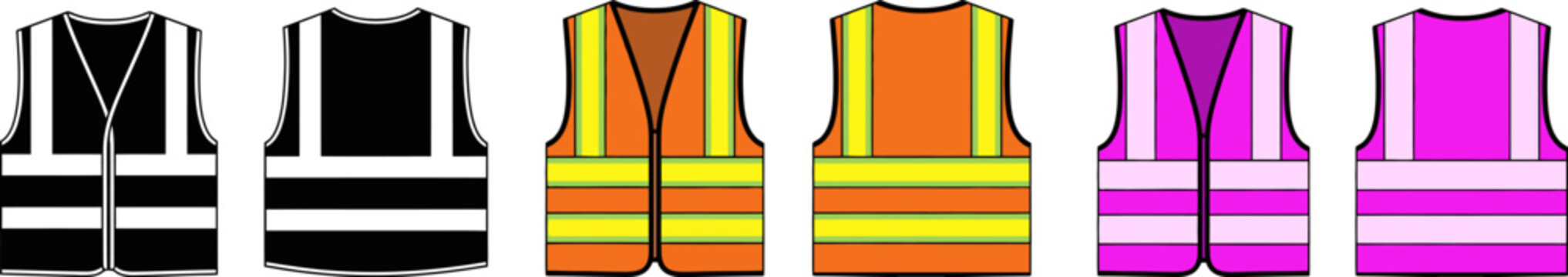 Set of safety vests collection in different colors and designs for workers
