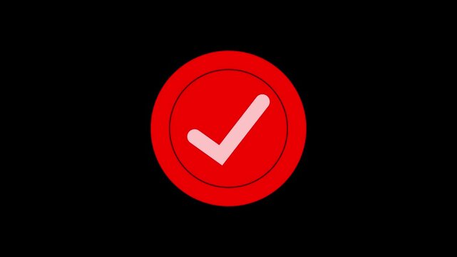 A vibrant red checkmark enclosed in a red circle with a thin black outline presented on a completely black background signifying an affirmative or correct choice